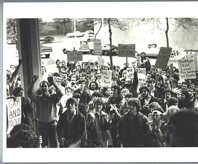 Union for Sexual Minorities led protest at the KIRO office, 1977.